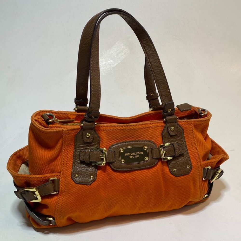 Michael Kors Gansevoort Zip Top Satchel Tangerine Canvas Brown Leather Trim